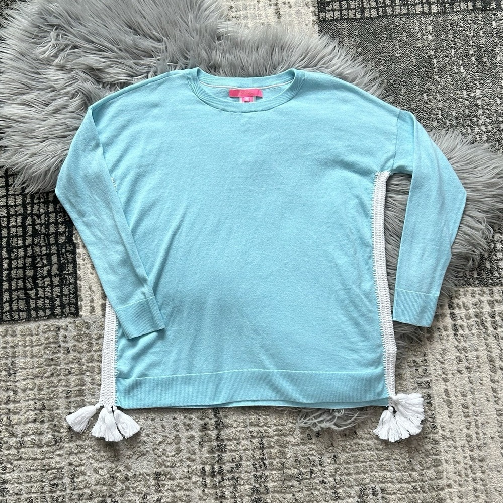 LILLY PULITZER Coolmax Damara Sweater Crochet Side Tassel HTF Blue Women Size XS